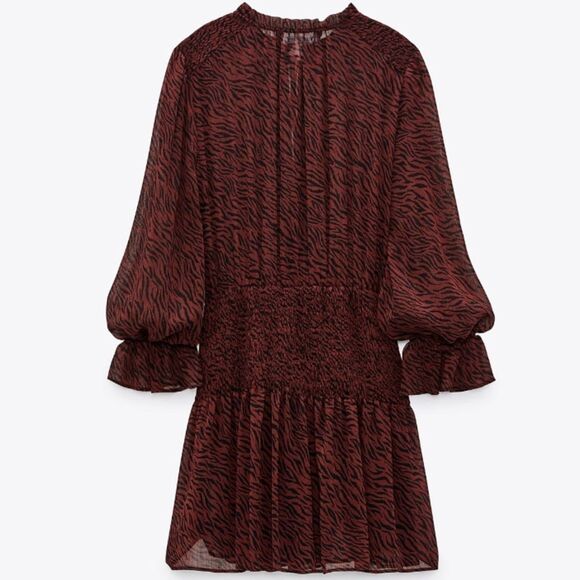 ZARA ANIMAL PRINT Ruffled DRESS RED SMALL NWT - Picture 4 of 6